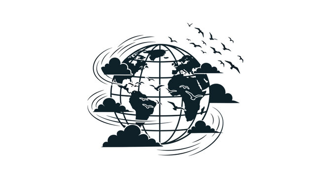 Stylized Globe with Clouds and Birds Flying.