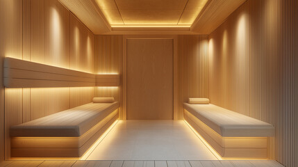 Fototapeta premium Wooden Luxury Sauna Interior with Ambient Lighting for Hospitality Business, Thermal Therapy and Wellness Infrastructure, Health Recovery Concept, World Health Day, Real Estate and Spa Resort Marketin