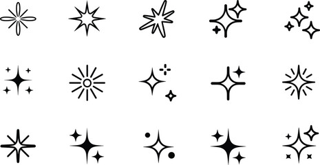 Collection of black and white starburst and sparkle in various styles and patterns stars dots lines
