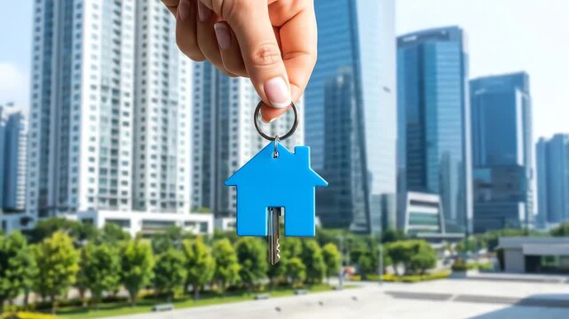 A close-up of a hand holding a silver key with a blue house-shaped keychain against a blurred backdrop of modern urban skyscrapers and sunny city park greenery.