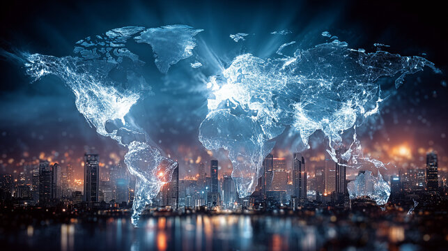 Global Communication Network Above Illuminated Cityscape