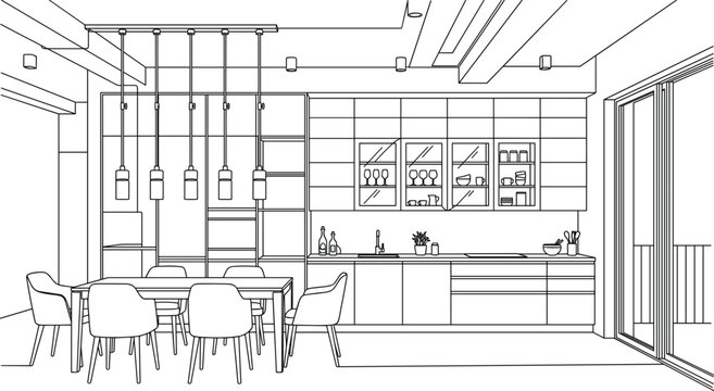 Modern architectural elevation of a luxury open-plan kitchen and dining area featuring minimalist cabinetry, pendant lighting, and glass doors.