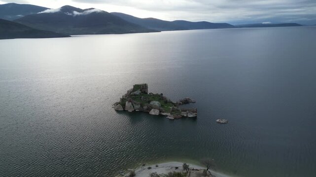 Panoramic View of Ancient Monastery Ruins on Bafa Lake Island at Dawn. High quality 4k footage