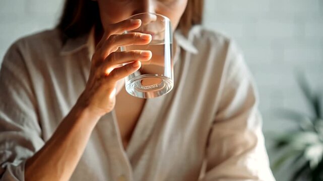 Close-up of a person drinking a glass of clear water, promoting hydration and healthy lifestyle choices