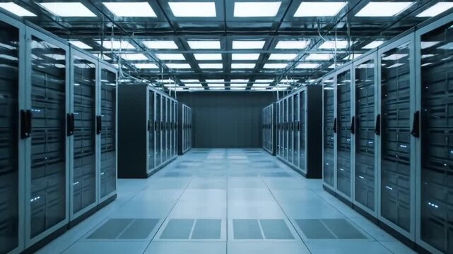 Large server room with rows of computer servers.