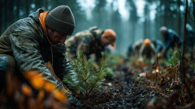 Foresters planting young pine tree saplings in forest during rain