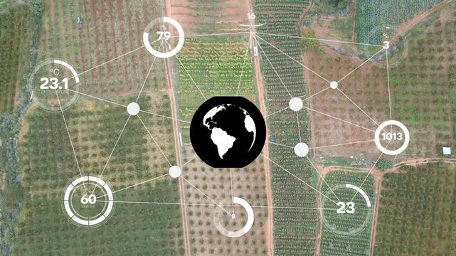 Logo Globe Centered Over Patchwork Fields With Translucent HUD Elements And Text Smart Agriculture, Brand
