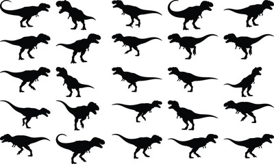 A variety of black Tyrannosaurus Rex dinosaur silhouettes in different poses, isolated on a plain white background.