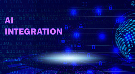 Obraz premium AI Integration concept with glowing purple text, binary code, digital globe, and padlock icons on a dark blue background, representing artificial intelligence and global technology solutions.
