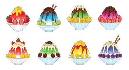 Fototapeta premium Colorful shaved ice desserts with fruits and toppings, isolated on white background