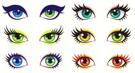 Collection of Diverse Cartoon Eyes with Colorful Irises and Long Lashes