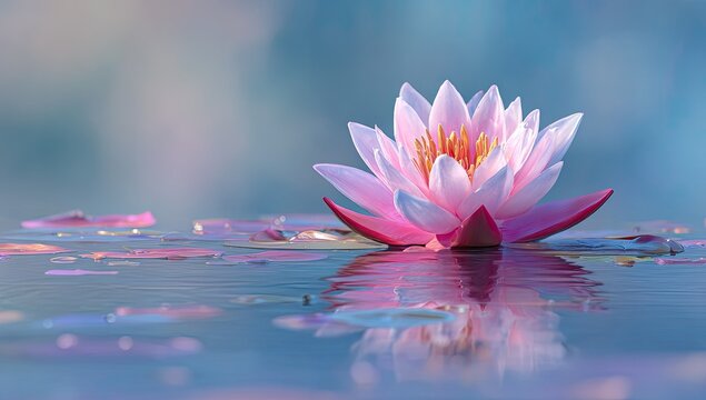 A delicate pink lotus blossom floats on calm, tranquil water with soft bokeh