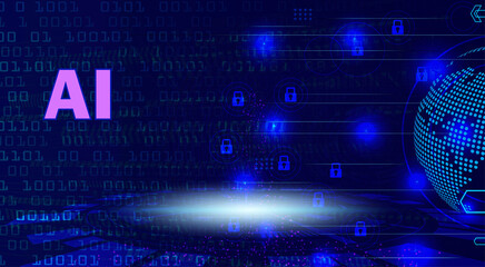 Obraz premium AI Artificial Intelligence Concept Illustration with Digital Earth Globe, Binary Code, and Glowing Blue Light on Dark Background for Technology and Business