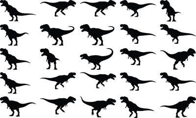 Multiple black Tyrannosaurus Rex dinosaur silhouettes displayed in various action poses, representing the might and dominance of ancient predators.