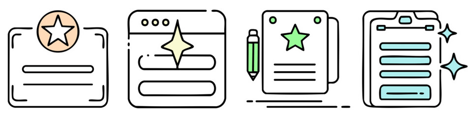 Obraz premium A graphic illustration shows various document icons with stars and a pencil on a white background.