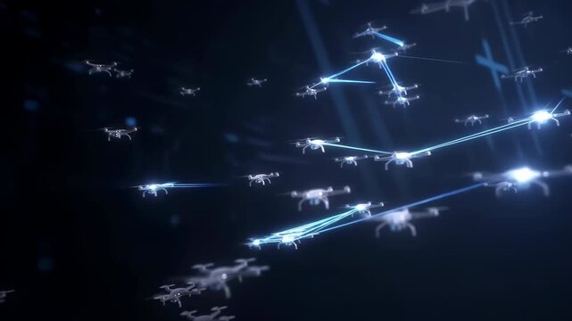 Futuristic Drone Network. Aerial Drone Fleet Displays Glowing Connections In Advanced Night Setting