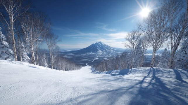 Sunny Snowy Mountain Slope with Bare Trees