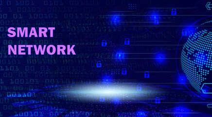 Smart Network concept illustration with glowing purple text, digital binary code, connected global earth, and abstract blue background for technology and communication