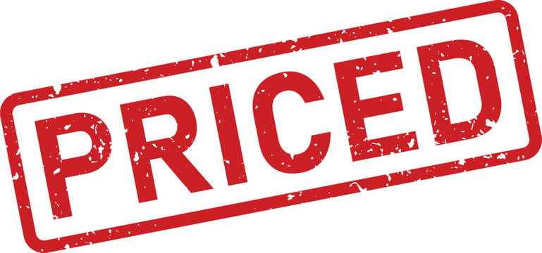 The word PRICED appears on a textured red rubber stamp mark against a bright white backdrop