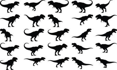 Assortment of black Tyrannosaurus Rex dinosaur silhouettes showcasing different stances and movements on a plain white backdrop.