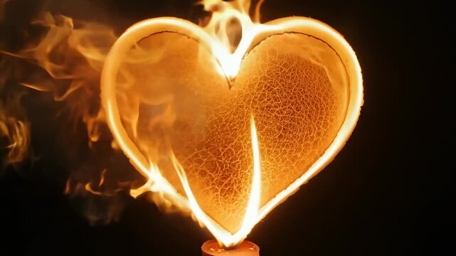 Heart shape made of flames flickers and glows brightly against a dark background, showcasing the mesmerizing dance of fire in a continuous visual flow