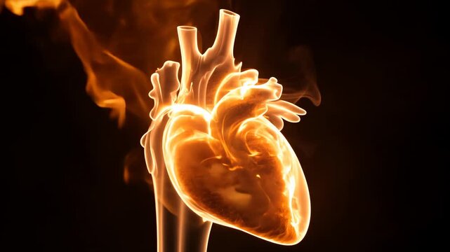 Heart anatomy illuminated with glowing effects, showcasing the intricate structure and details of the heart in a dark background with smoke and light effects
