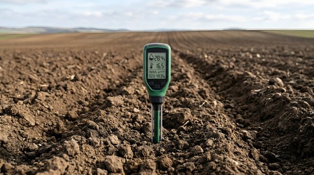Modern handheld digital soil meter accurately displaying moisture and temperature readings for precision agriculture and crop management.