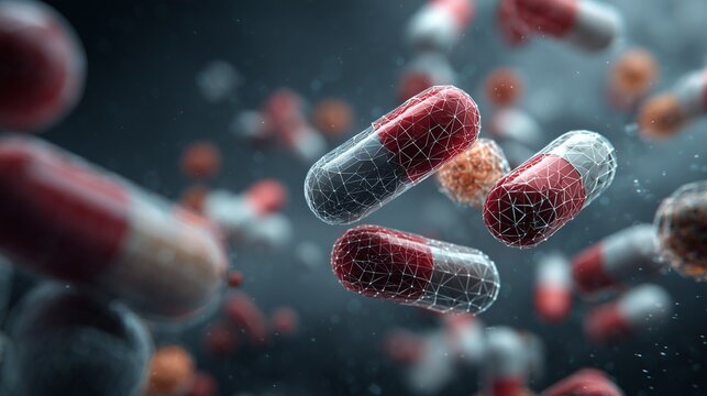 Close-up of capsule pill with microgranule content symbolizing clinical trial for medicine and drug development, testing, and pharmacology.