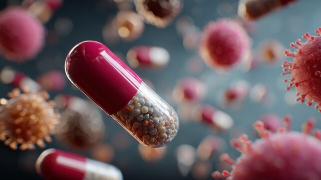 Capsule and virus particle close-up representing clinical trial for medicine and drug testing and antiviral development.