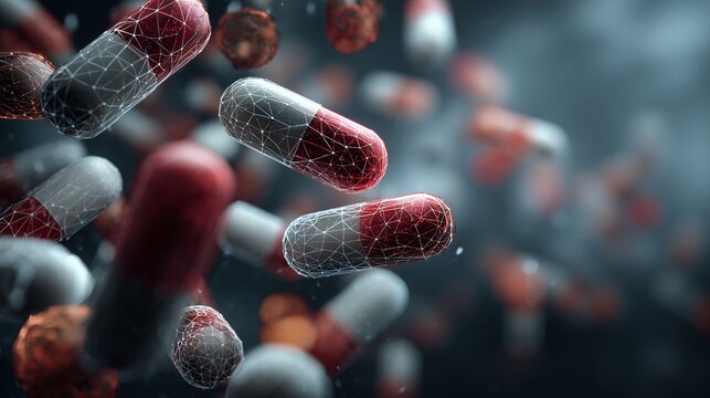 Capsule antibiotic close-up over blurred bacterial cell, representing antibiotic resistance clinical development and research challenge.