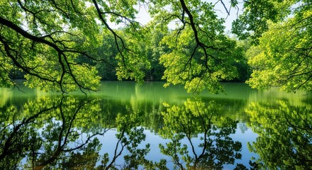 Fototapeta premium Lush Green Trees Reflected in Calm Water under Sunlight