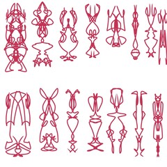 A set of unique abstract symbols created with symmetrical line art. These minimalist red icons on a white background resemble tribal motifs, mystical signs, or Rorschach-style inkbl