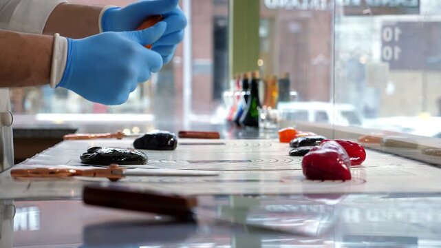 Close-up of the process of professional production of caramel candy and lollipops in a modern confectionery. A pastry chef is mixing liquid stretchable caramel with his hands.