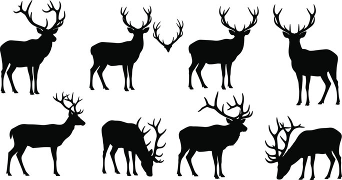 Black deer silhouette vector set, wild elk and buck with large antlers collection, forest stag and reindeer isolated on white background, bundle,