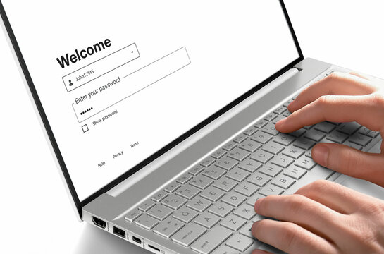 Hands on the keyboard typing an easy password on a website. User security issues when logging in to a bank, social media, or other media.