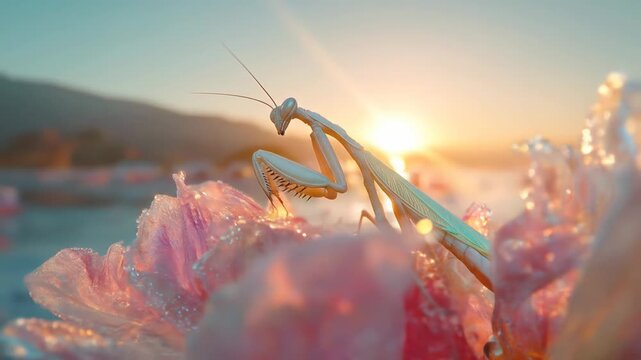Praying mantis standing on icy surface at sunrise