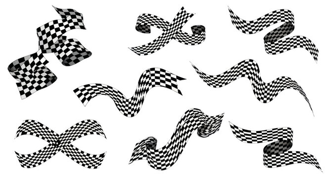 Racing Flags Waving - Set of Checkered Flags Ribbons Isolated on White