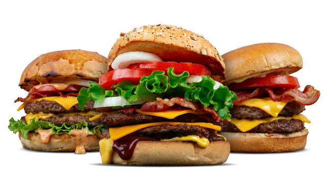 a trio of delicious and juicy cheeseburgers with bacon, lettuce, tomato, and onions, presented against a transparent background for a dramatic effect, perfect for food blogs.