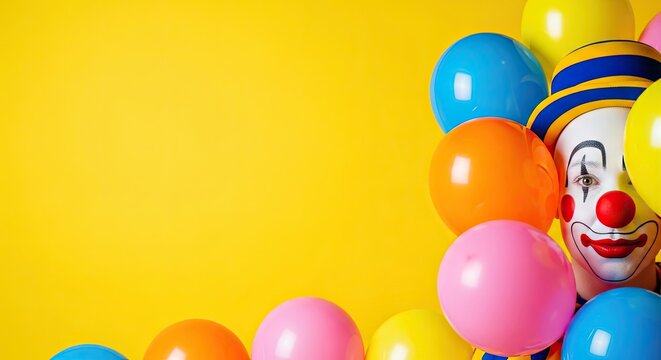 April fools' day prankster clown surrounded by colorful balloons on bright yellow background
