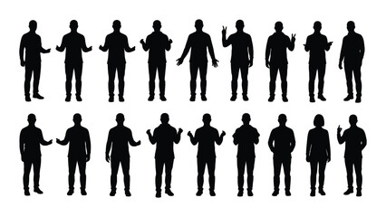 Collection of diverse human silhouettes displaying various body language and gestures in black on white background for design and communication © MDRaisul