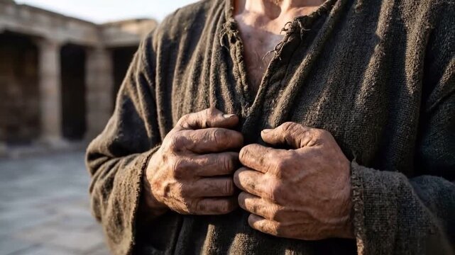 Close up of tax collector's hands clutching rough garments