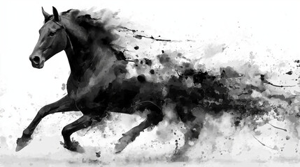 Black horse dissolving into expressive watercolor and ink splashes, creating a dramatic monochrome portrait that blends motion, strength, elegance, and abstract artistic energy on a clean background