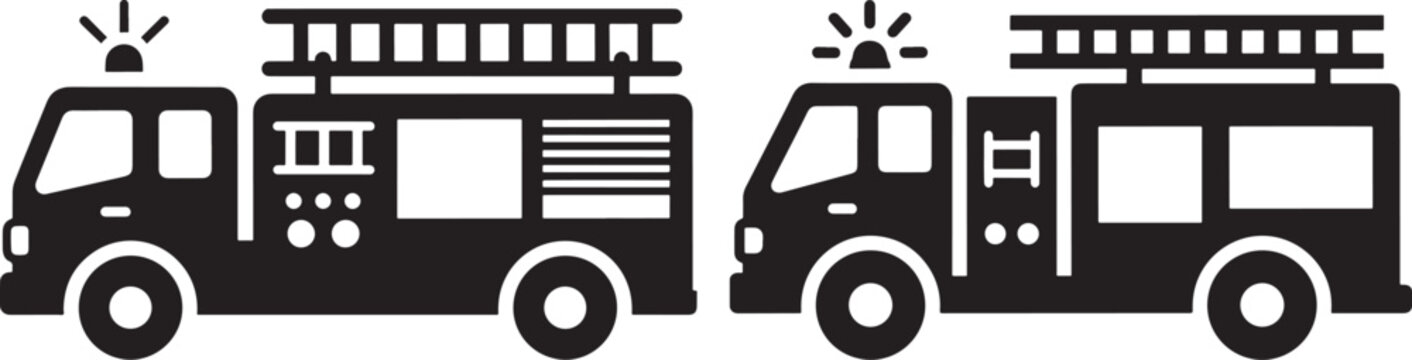 Fire Truck Icon Set, Two Emergency Vehicle Silhouettes on White Background, Fire Engine, Icon, Illustration, Silhouette, Vector, Emergency, Vehicle, Service