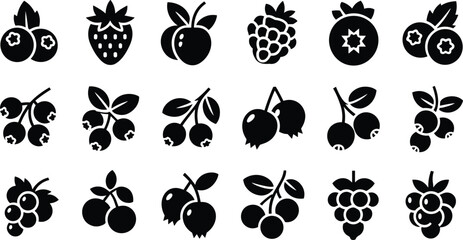 Assortment of berry and fruit icons in black silhouette on a white background blueberry strawberry © MdZabed