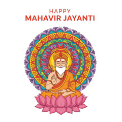 Obraz premium Happy Mahavir Jayanti: Lord Mahavir meditating in lotus pose with colorful mandala