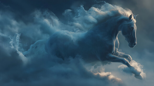 Ethereal white horse emerging from swirling blue clouds, blending fantasy, motion, and dreamlike elegance into a luminous celestial scene with soft light and dramatic atmospheric depth