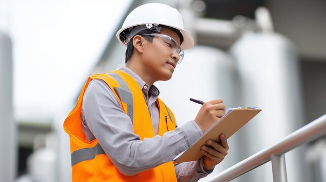 Young Asian engineer inspecting site and taking notes with clipboard  