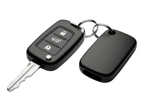 Car key fob with remote control and key attached, black plastic design isolated on transparent background