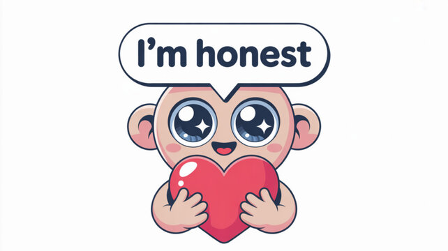 Cute cartoon monkey holding a red heart with Im honest text in a speech bubble vector illustration for expressing sincerity and love