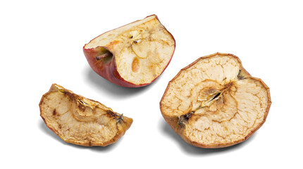 overripe apple slices on a transparent background, showcasing decay and natural texture with...